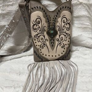 Chic Cream and Tan Embroidered Crossbody Bag